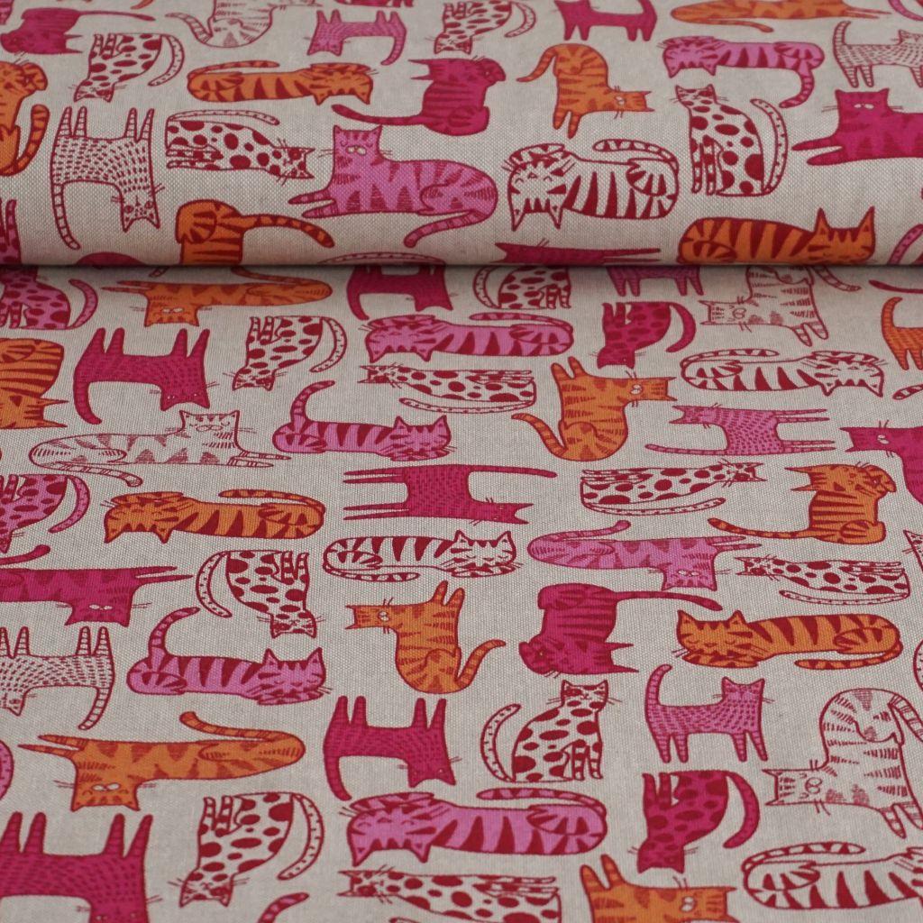 Dekostoff Halbpanama Katzen pink orange auf beige